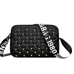 Black Quilted Crossbody Bag Studded Small Shoulder Purse Adjustable Strap